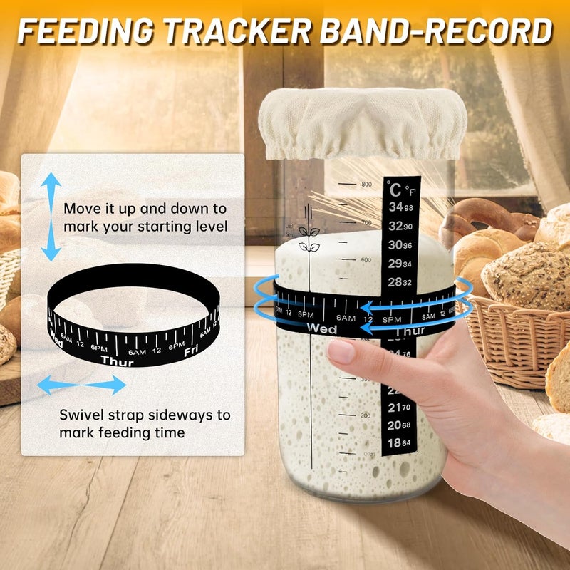 Bowasin Sourdough Starter Jar Glass 2 Pack 34OZ Sourdough Starter Kit Sourdough Jar,Sour Dough Starter Jars with Marked Feeding Band,Scraper, Cloth Cover and aluminum Lid,Large Wide Mouth Jars - Image 4
